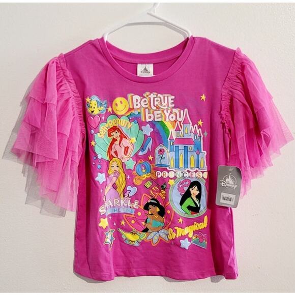 Disney Princess Graphic Print Mesh Tulle Short Sleeve Pink Tee Girls 9/10 NEW - Picture 1 of 11
